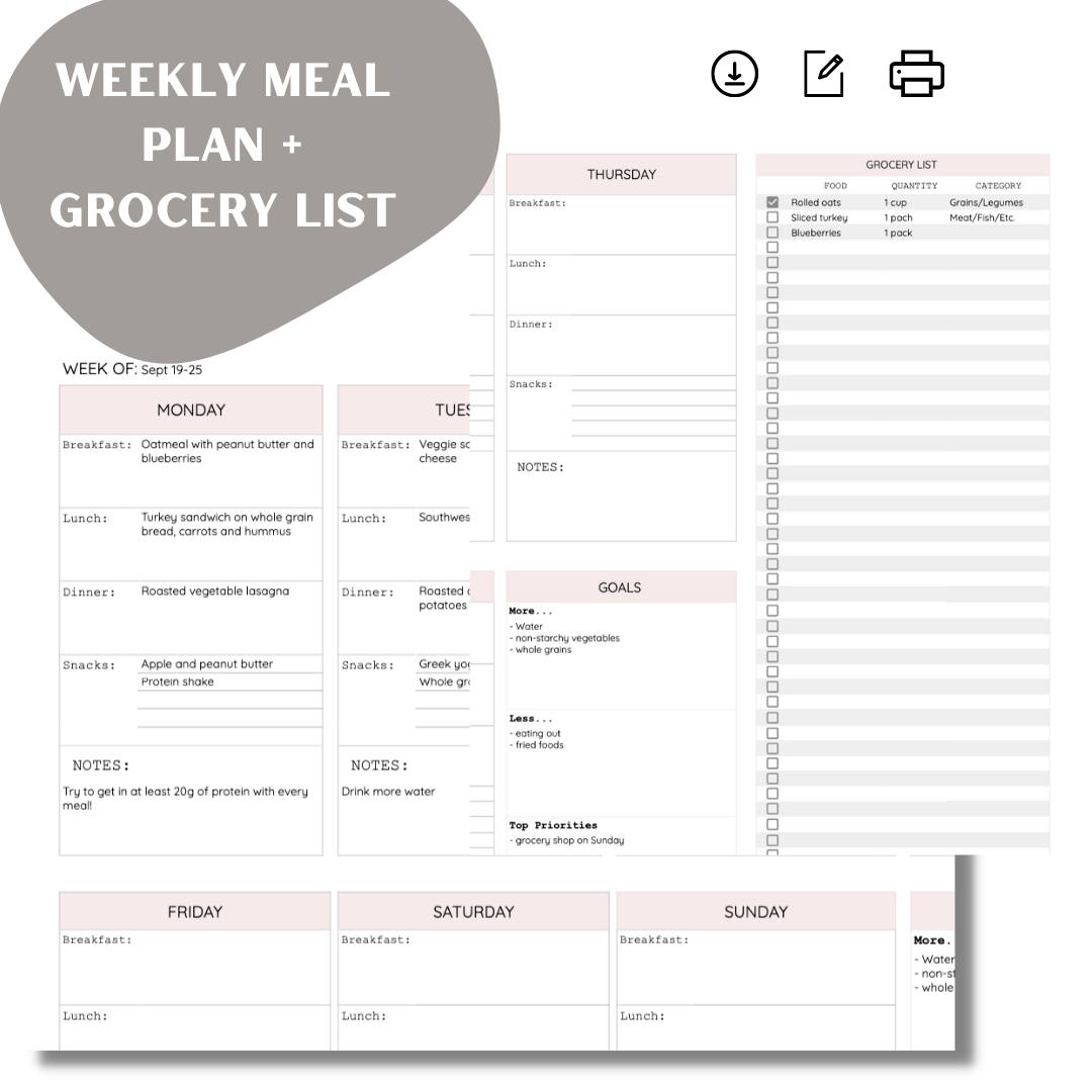 Digital Weekly Meal Planner, Grocery List, and Macronutrient Calculator